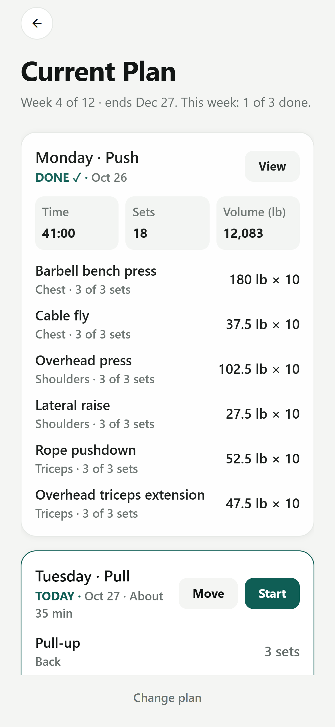 MARKER's Current Plan screen, showing this week's push, pull, and leg workouts with sets and weights